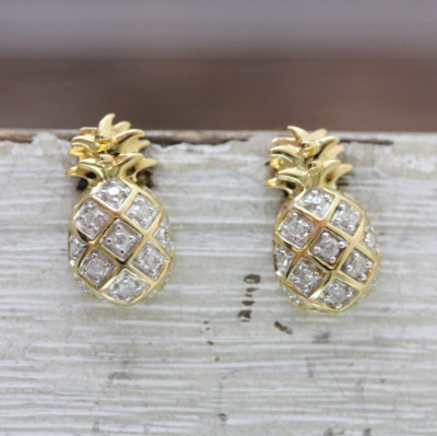 VINTAGE DIAMOND PINEAPPLE STERLING SILVER STUD EARRINGS 925 PRETTY GOLD PLATED