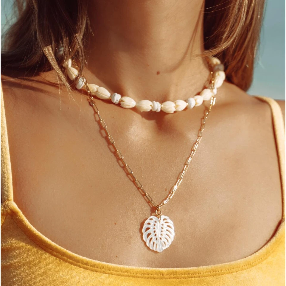 Damenkette Anhänger Gold Blatt 24K vergoldet Perlmutt Weiß Glücksbringer K6248DL - Bild 2 von 4