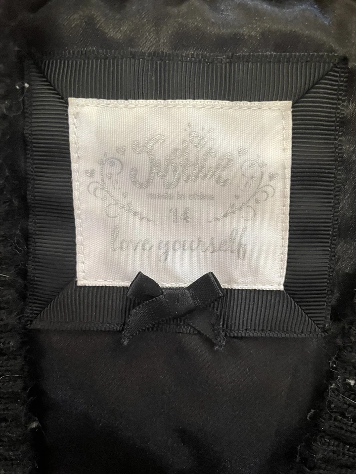 Chaleco corto de piel sintética negro JUSTICE talla 14 niñas pedrería frente abierto B6 Foto 2 de 4