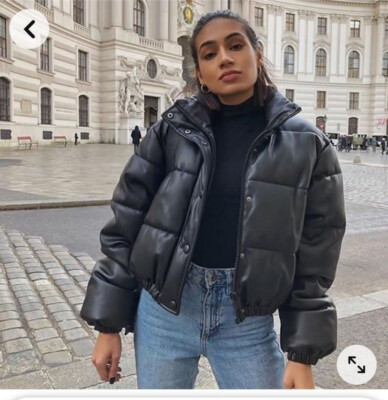 BNWT ZARA BLACK FAUX LEATHER PUFFER JACKET SIZE XS UK