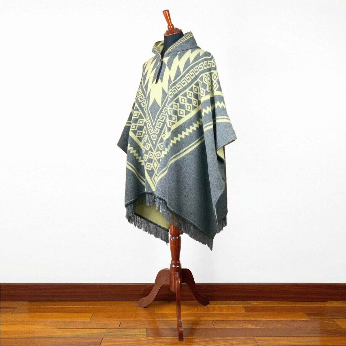 Alpaca wool Mens Unisex Hooded Poncho Aztec pattern all seasons