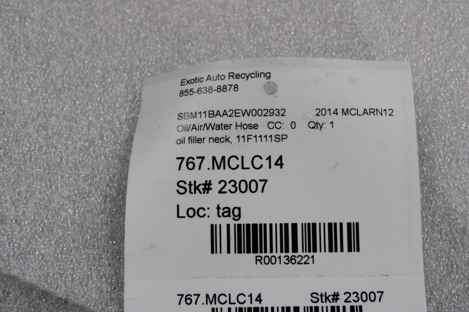 Mclaren MP4-12C, Oil Fill Tube, Used, P/N 11F1111SP