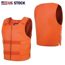 "HL11643 Men's Orange Bulletproof Leather Vest – Perfect for Biker Clubs"