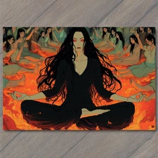 Art Print Red Eyed Woman Meditation Lava Surrounded Crowd Chaos Energy Dark
