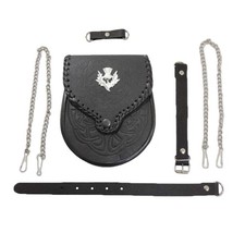 Authentic Black Leather Scottish Kilt Sporran Belt Embossed and Embellishme...