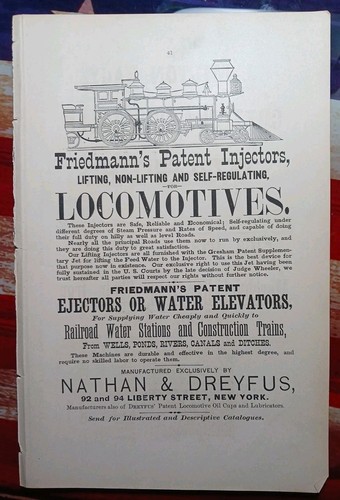 1881 Railroad Print Ad FRIEDMANN'S PATENT LOCOMOTIVE INJECTORS Nathan & Dreyfus