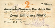 Ebersbach Girokasse 2 Billionen Mark 1923 gebraucht (Einrisse) mit Drfa.