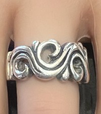 925 Sterling Silver Vintage Modernist Swirl Oxidized Wide Band Ring Size 7.5