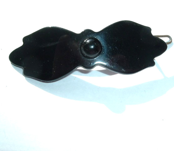 Vintage French Black Celluloid Bow Post Clip Hair Barrette