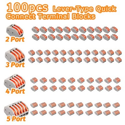 100 Reusable Spring Lever Terminal Block Electric 28-12AWG Wire Cable Connectors