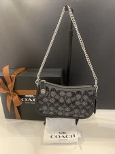COACH Swinger 20 Crystal Signature Jacquard & Leather Bag Black w/Gift Box