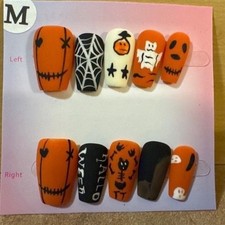 Halloween Press On Nails Medium Coffin Orange Black Ghost Spider Web Spooky Set