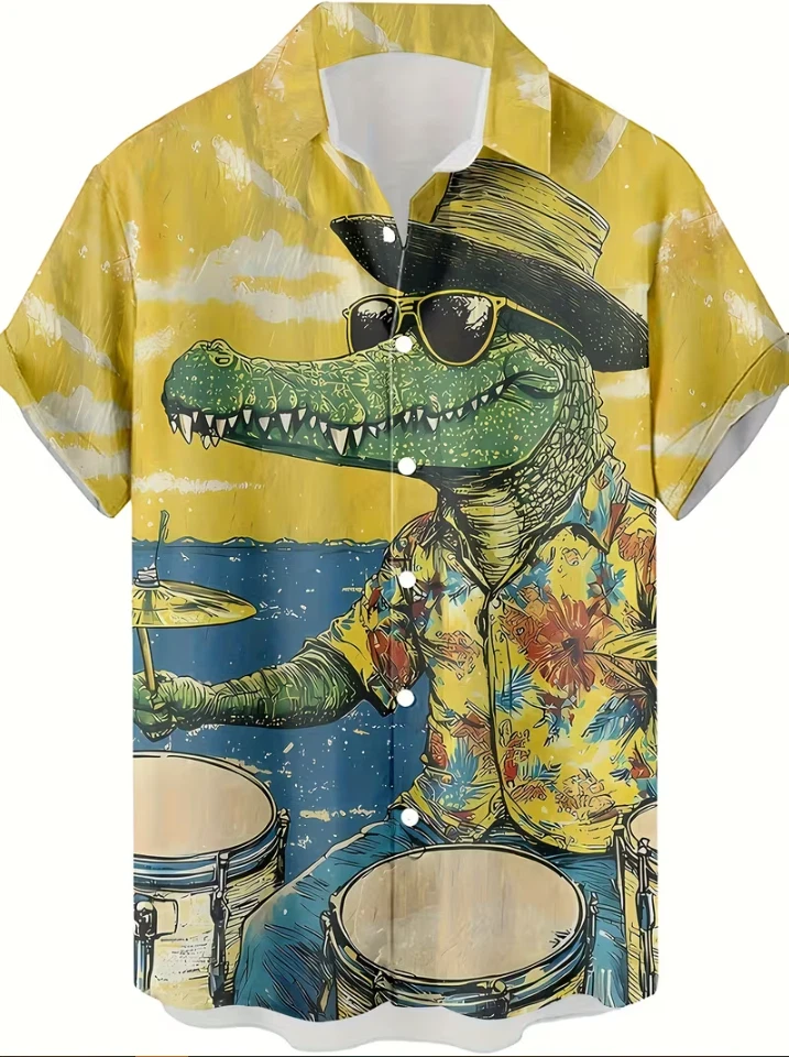 Funny Rock Crocodile Pattern Short Sleeve Hawaiian Shirts Unisex S-5XL