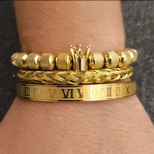 Luxury Crown Roman Bracelet Set for Men & Women – Gold Stainless Steel Braided B