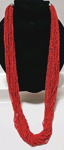 Gorgeous 30 Strand 32 Inches Long Coral Glass Beaded Necklace Silver Findings - Picture 6 of 8