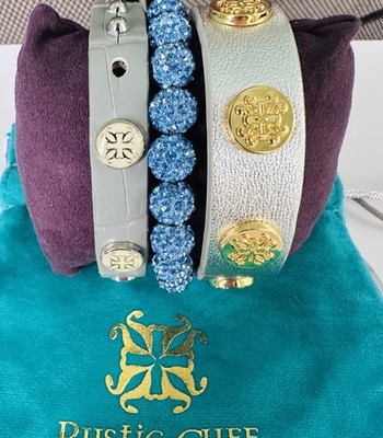 Rustic Cuff 3 Pc Bracelet Stack Silver Gold Leather Cuff Blue Crystal