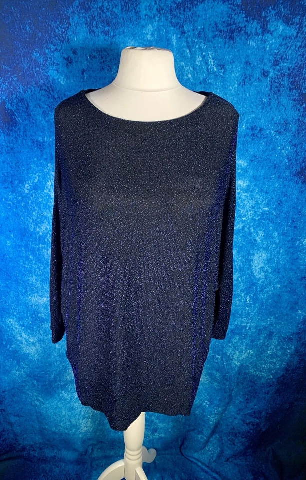 DEBENHAMS Blue Jumper Top Size 20 Sparkle Cold Shoulder Stretchy Casual Occasion - Image 2 of 4