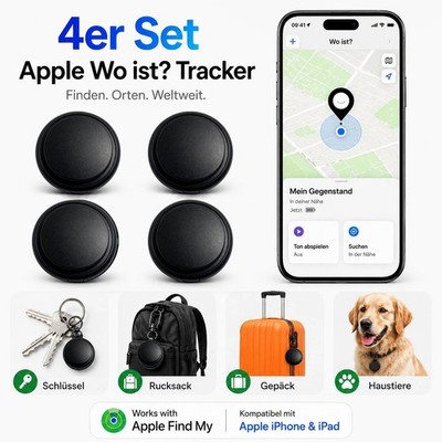 4er Tracker Set für Apple Wo ist Koffer Gepäck Schlüssel Finder Bluetooth Schwar