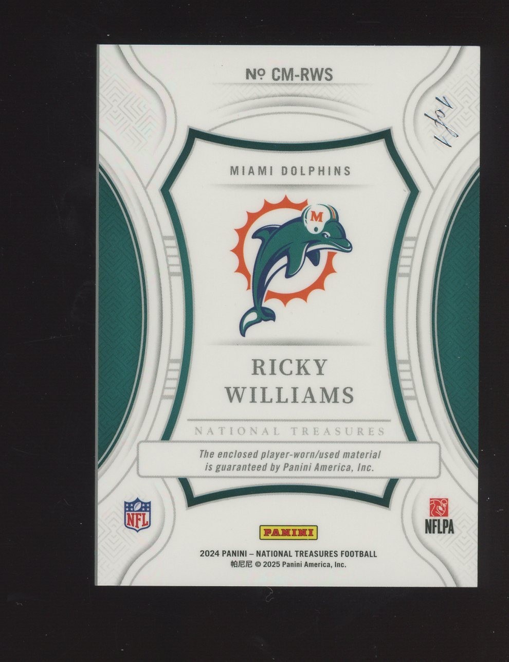 Ricky Williams 2024 National Treasures Century Platinum Tag Patch 1/1 view 2