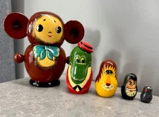 Vintage Cheburashka Nesting Doll 5 Items Set Wooden Souvenir