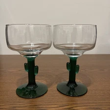 Libbey Glass Cactus Margarita 12 OZ Stemmed Glassed Set Of 2 Green/Clear