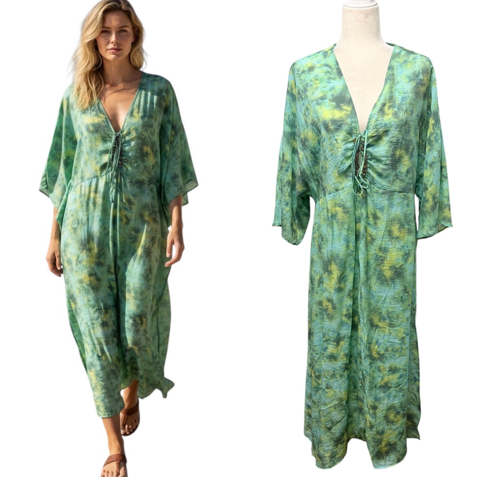 NWT Zara Maxi Dress Womens M Green Tie Dye Kaftan Boho Beaded Lace Up Resortwear