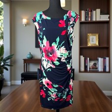 Ralph Lauren Dress Womens 16 Floral Ruched Navy Blue Faux Wrap Work Career