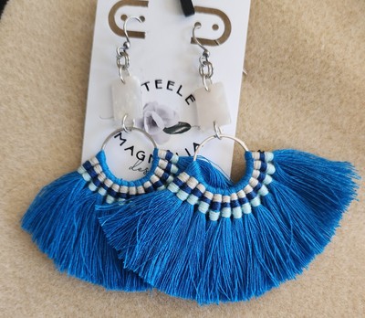 Handmade Fancy Fan Tassel Statement Earrings - Blue & Rectangle MOP Resin Link