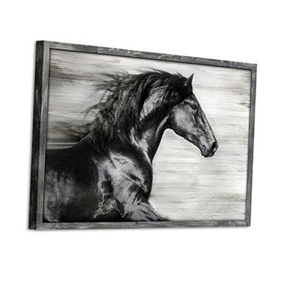 Black Horse Wood Artwork Framed: Wildlife Picture 45L'' x 30W'' wooden black