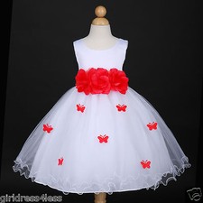 US Seller New White/Red Wedding Holiday Party Butterfly Petals Flower Girl Dress