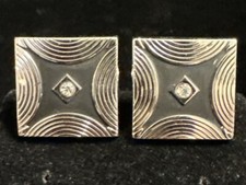 Vintage SWANK Art Deco black enamel silver Faux Diamond Center CUFFLINK SET 