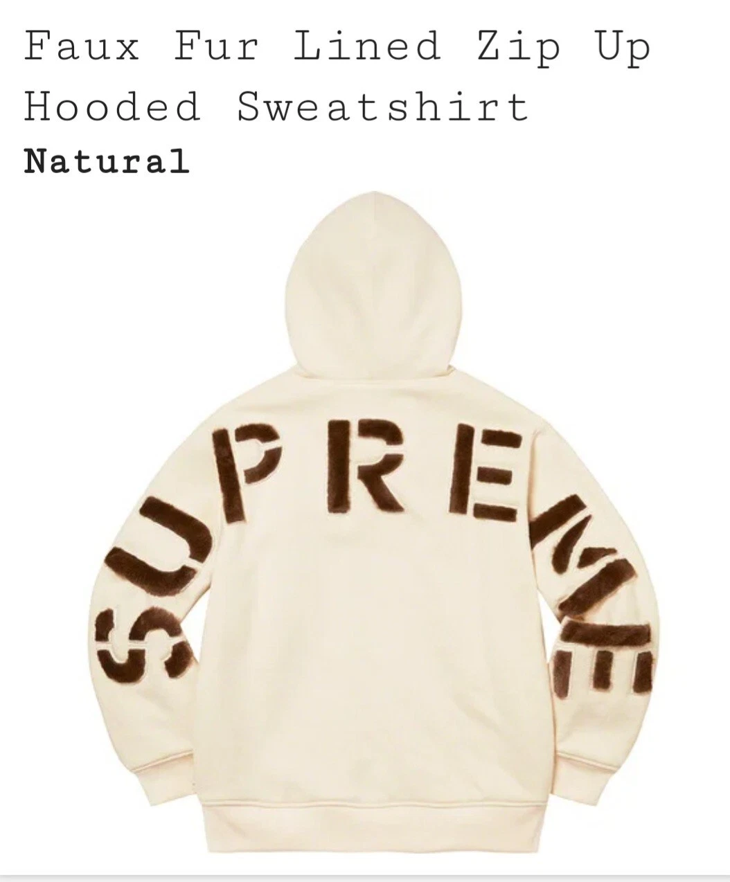 Sweat shirt à capuche zippé Supreme Faux Fur   Naturel   Taille L   Tout neuf