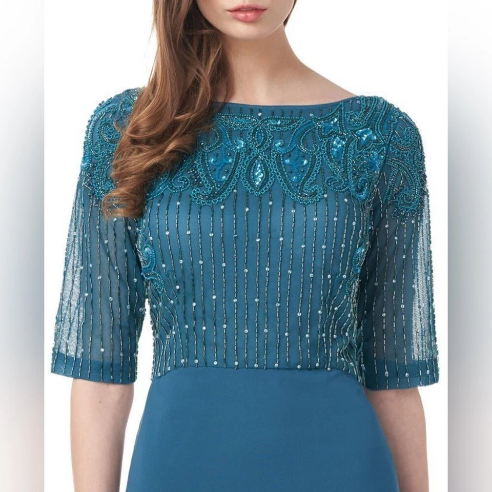 NWT JS Collections Opal Beaded 1/2 Sleeve Evening Gown Dress in Teal Blue - 4 - Image 2 of 4
