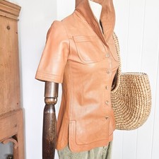 Louis Féraud Paris Safari Soft Leather 1970s Brown Jacket Top 8 Xs Old Money