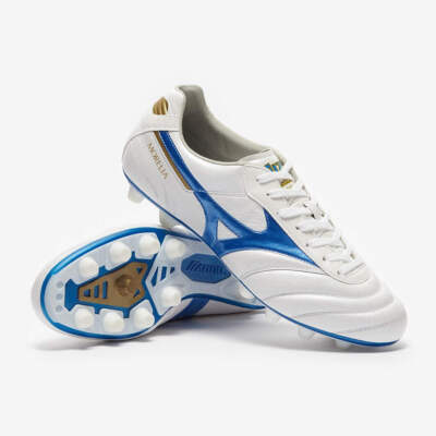 MIZUNO MORELIA II ELITE LEDERSCHUHE GRASLAND FARBE WEISS BLAU GOLD