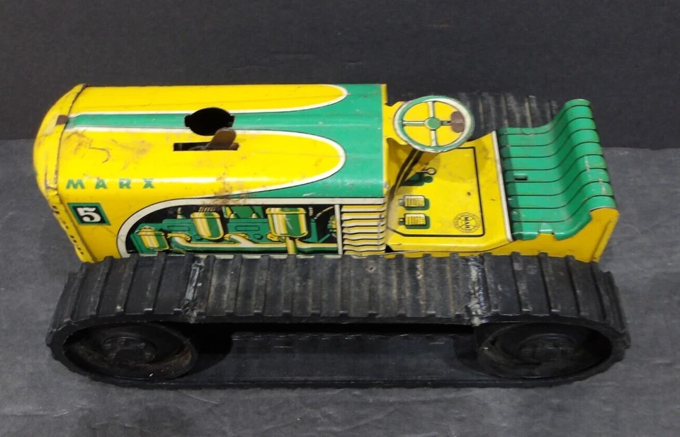 "Tractor sobre orugas Marx #5 de cuerda de la década de 1950 amarillo y verde 8"" sin conductor" Foto 3 de 4