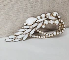 Vintage Milk Glass Leaf Brooch Gold Tone White Prong Set Figural Pin Large