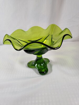 Vtg Viking 3 Toed Pedestal Compote Green Epic Drape 6'' x 9 '' Ruffled Edge