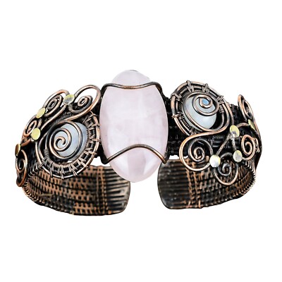 Copper Rose Quartz Stone Rainbow Moonstone Sister Wire Wrapped Boho Bangle Cuff