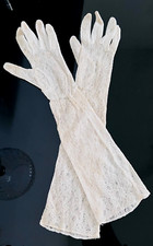 BEAUTIFUL VINTAGE MIDCENTURY BEIGE FLORAL COTTON LACE LONG EVENNING GLOVES.