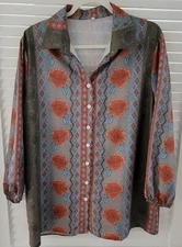 Ladies Retro Style Print Shirt Top Blouse Olive Green & Orange Floral 100% Poly