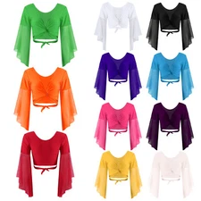 Women Dancewear Tee Shirts Fitness Blouse Tops Crop Top Shawl V Neck Stage Show