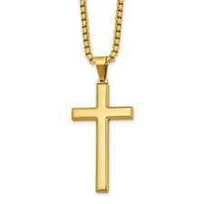 24 Inch Box Chain Necklace with Yellow Gold Cross Pendant