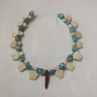 10'' Vintage Camel Bone Crocodile, Dyed Red Coral and Turquoise Bead Strand DIY