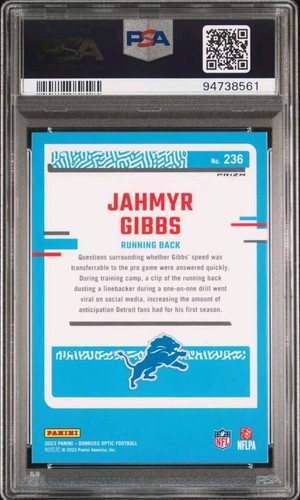 2023 Panini Donruss Optic - Rated Rookie Holo Prizm #236 Jahmyr Gibbs (RC) PSA 9 - Picture 2 of 2