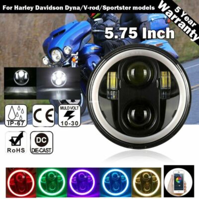 45W 5.75'' Round LED Projector Headlight RGB Angel Eye For Harley Dyna/Sportster