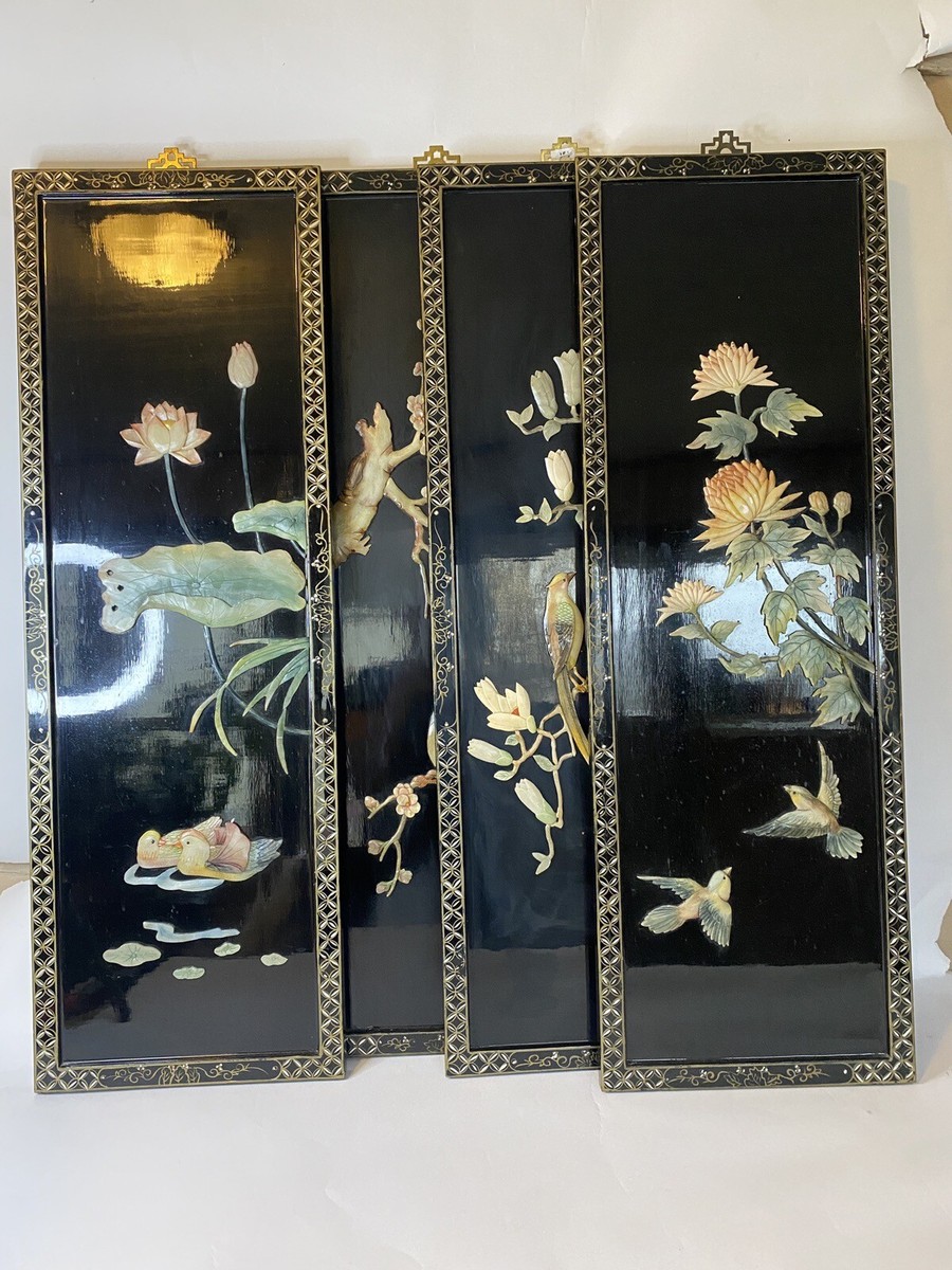 MORO★antique flower (black) Asian Oriental Black Lacquer Mother Of Pearl Birds Flowers