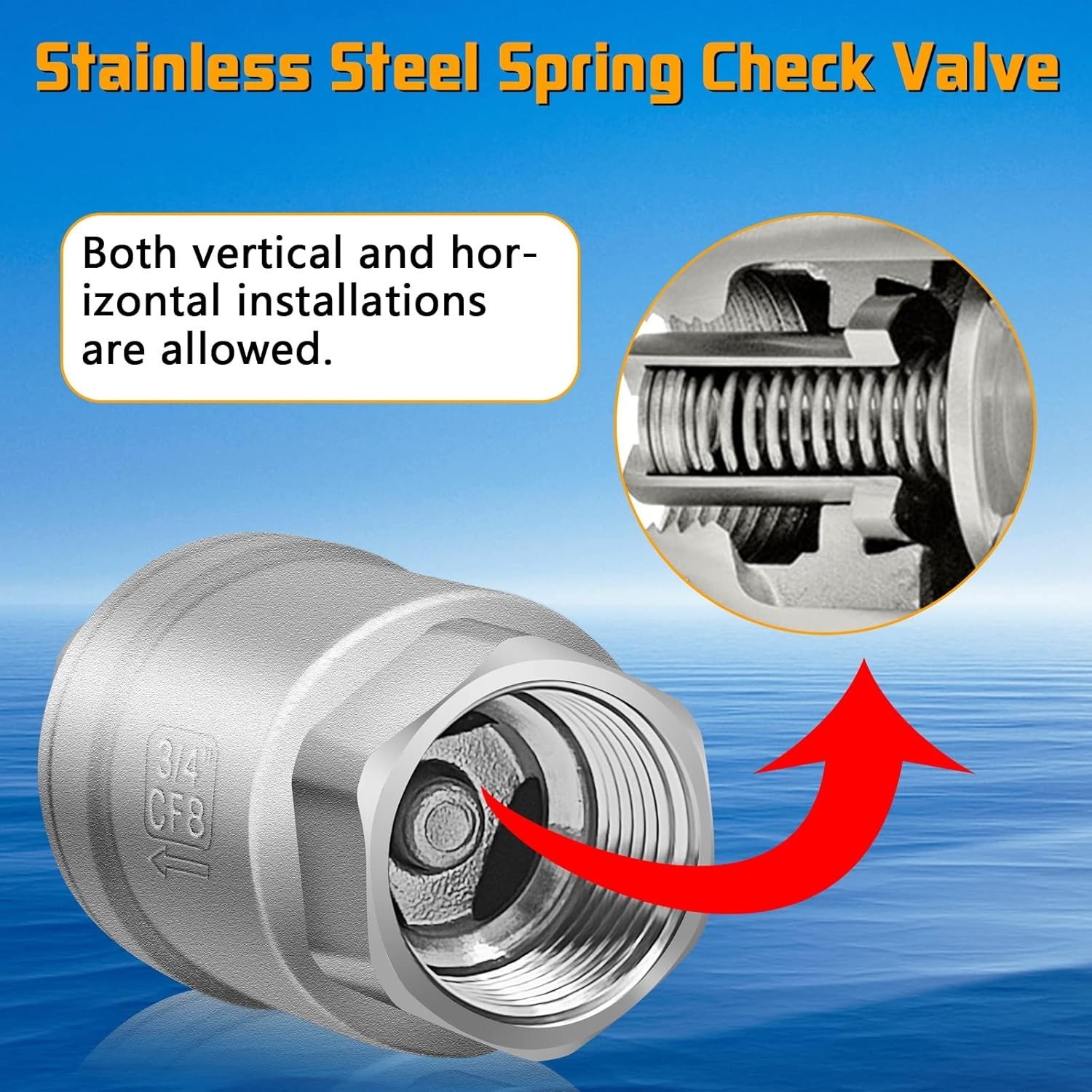 3/4 NPT Thread Spring Check Valve, Stainless Steel Non Return One Way Horizontal