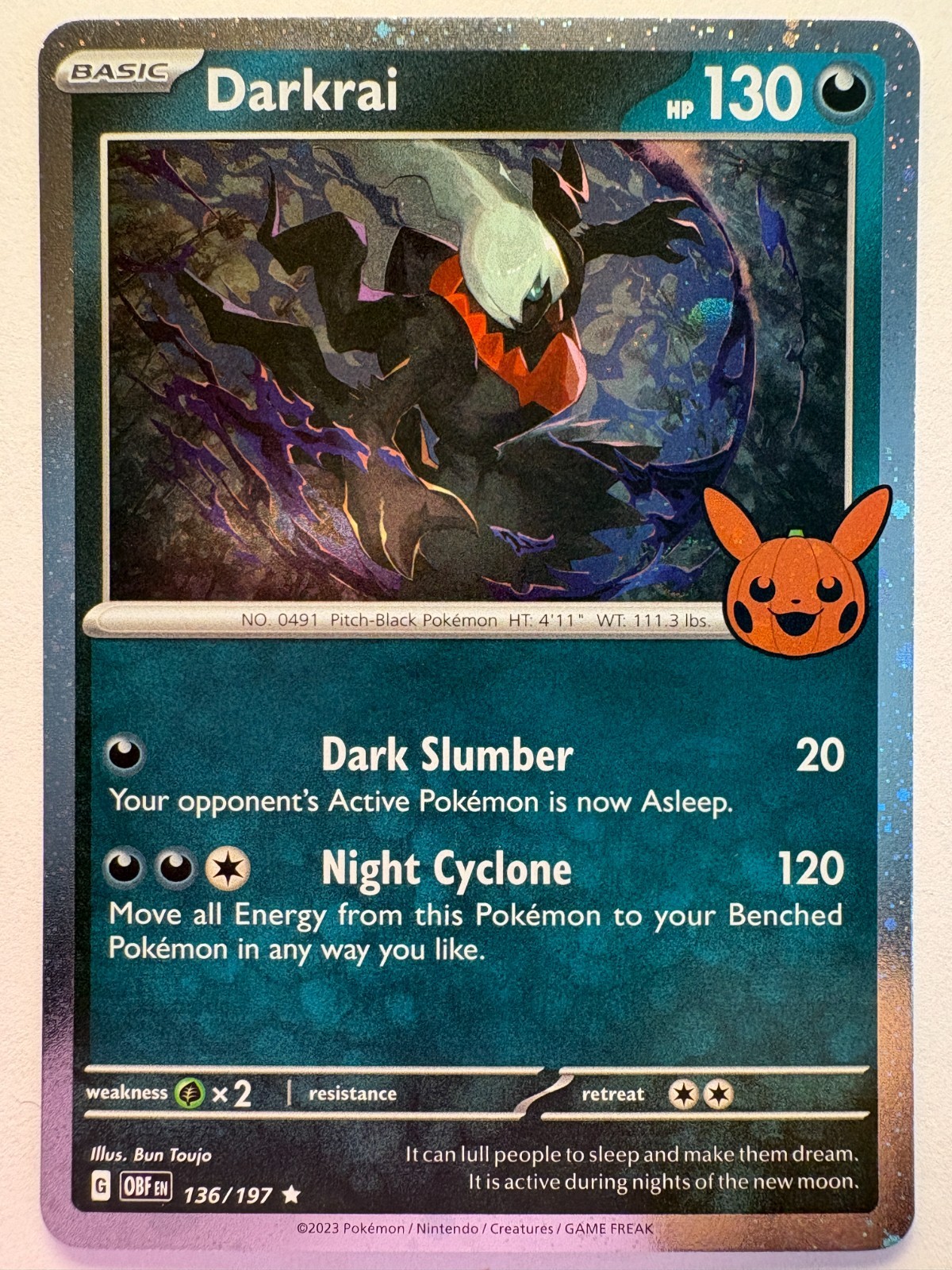 Darkrai 136/197 Cosmos Holo SWIRL, Trick or Trade Pokemon Card