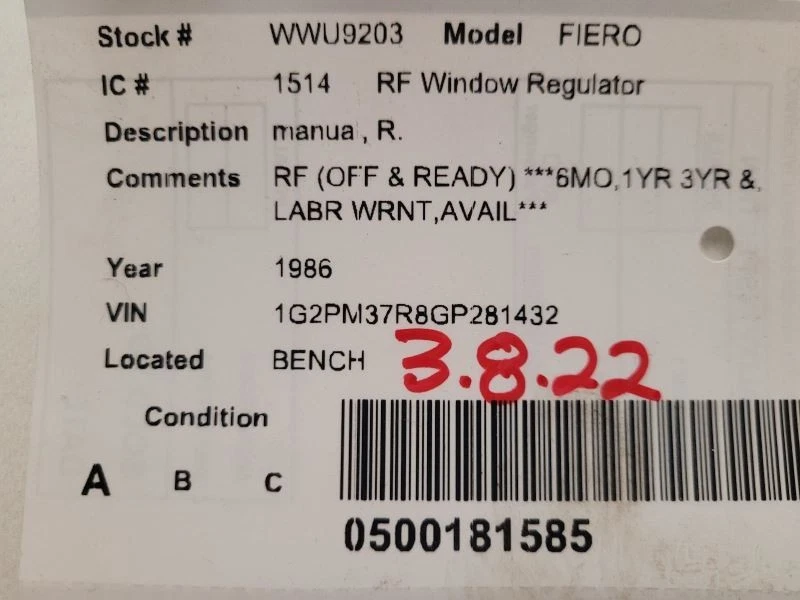 Passenger Right Front Window Regulator Manual Fits 84-88 FIERO 573031 - Image 3 of 3